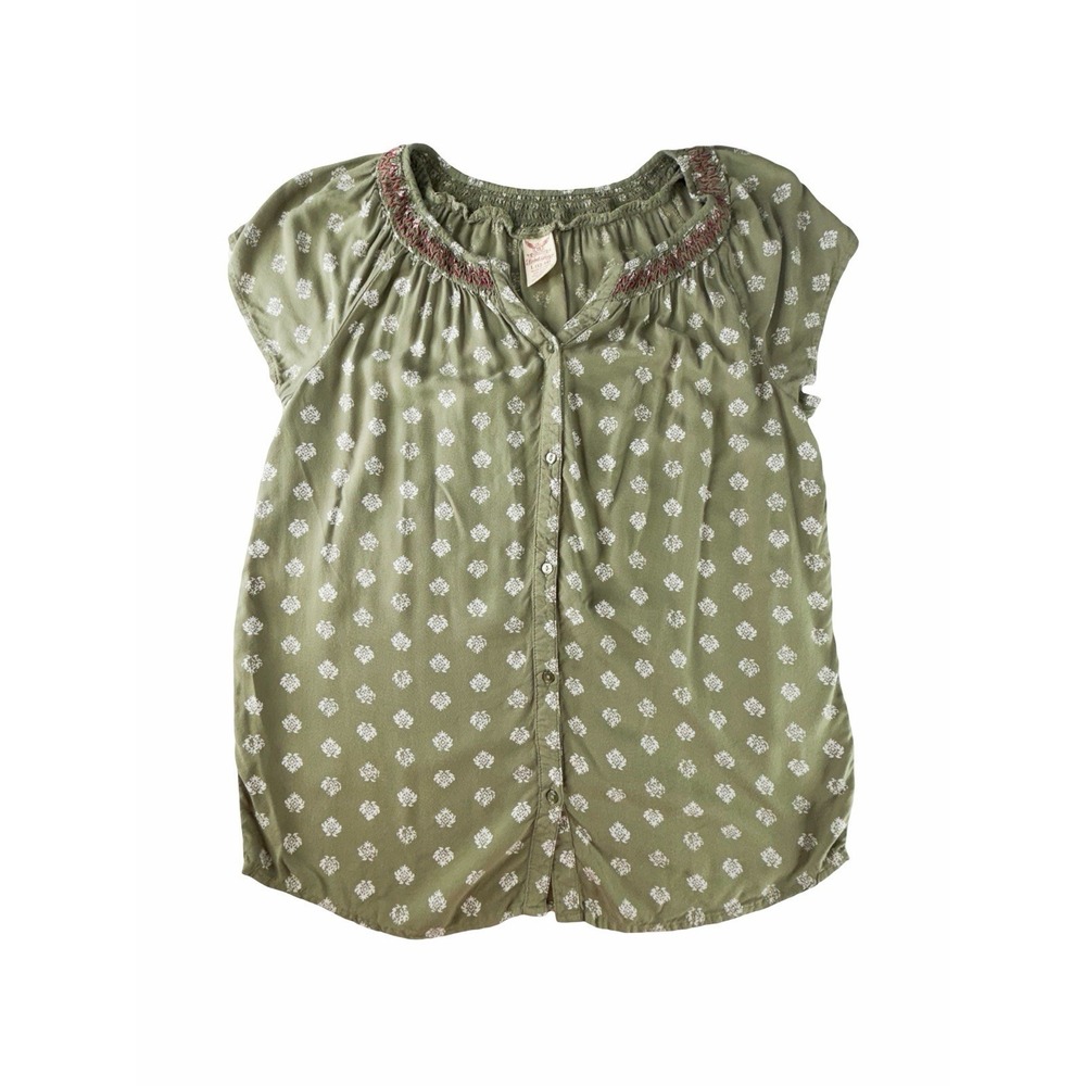 Faded Glory Women's Large Olive Green Boho Peasant Blouse Floral Cottagecore